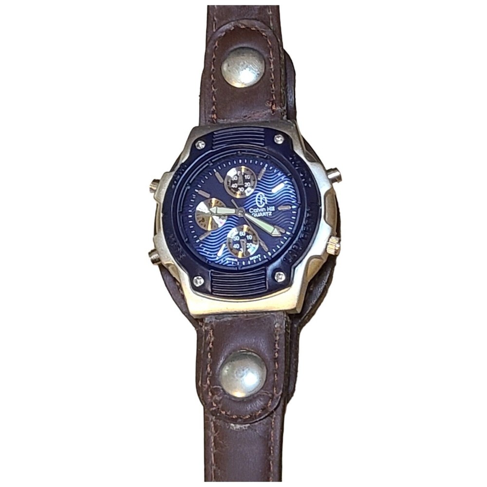 Calvin Hill Mens Vintage Watch Quartz Brown Faux-Leather Band Blue Face